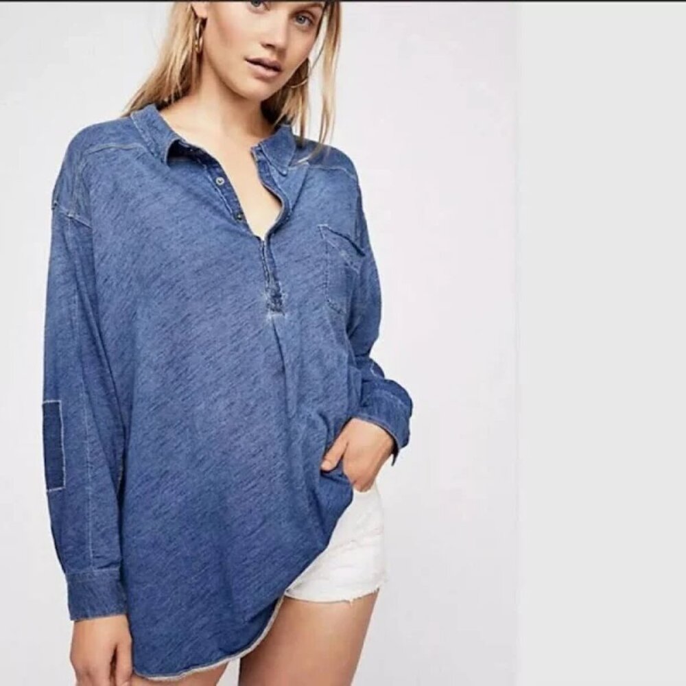 We The Free People Love This Henley Top Long Sleeve Patchwork Oversized Top S